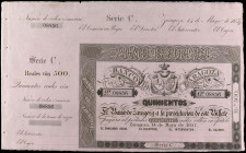 SPANISH BANK NOTES: ANCIENT
500 Reales de Vellón. 14 Mayo 1857. BANCO DE ZARAGOZA. Serie C. Con matriz y sin firmas. Ed-128B. EBC.