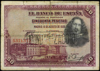 SPANISH BANK NOTES: BANCO DE ESPAÑA
50 Pesetas. 15 Agosto 1928. Velazquez. Sin Serie. Con sello tampón INUTILIZADO. (Roturas). Ed-329. BC+ a MBC-.