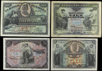 SPANISH BANK NOTES: BANCO DE ESPAÑA
Lote 4 billetes 50 (2) y 100 Pesetas (2). 1906 y 1907. 1906: 50 Pesetas Serie C y 100 Pesetas serie B. 1907: 50 y...