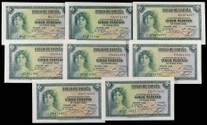 SPANISH BANK NOTES: CIVIL WAR, REPUBLICAN ZONE
Lote 8 billetes 5 Pesetas. 1935. Serie C y D. Incluye correlativos. Ed-363a. MBC+ a EBC+.