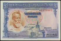 SPANISH BANK NOTES: CIVIL WAR, REPUBLICAN ZONE
25 Pesetas. 31 agosto 1936. Sorolla. Serie A. (Pequeñas arruguitas, esquinas algo rozadas). Ed-367a. E...