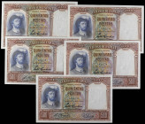 SPANISH BANK NOTES: CIVIL WAR, REPUBLICAN ZONE
Lote 5 billetes 500 Pesetas. 25 Abril 1931. Elcano. Numeraciones correlativas. (ínfima manchita en el ...