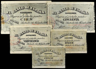 SPANISH BANK NOTES: CIVIL WAR, REPUBLICAN ZONE
Serie 5 billetes 5, 10, 25, 50 y 100 Pesetas. 1 Noviembre 1936. EL BANCO DE ESPAÑA. SANTANDER. Varias ...