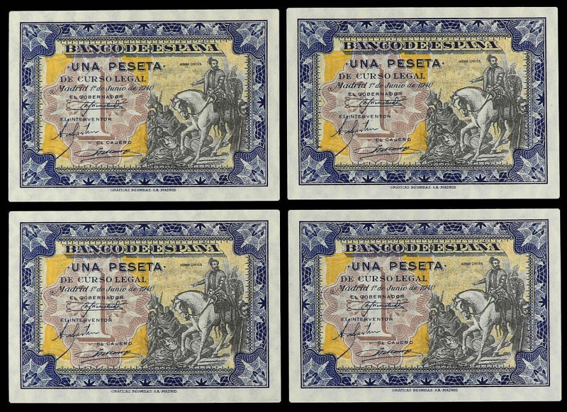 SPANISH BANK NOTES: ESTADO ESPAÑOL
Lote 4 billetes 1 Pesetas. 1 Junio 1940. Her...