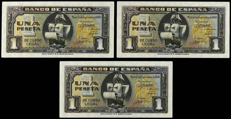 SPANISH BANK NOTES: ESTADO ESPAÑOL
Lote 3 billetes 1 Peseta. 4 Septiembre 1940....