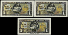 SPANISH BANK NOTES: ESTADO ESPAÑOL
Lote 3 billetes 1 Peseta. 4 Septiembre 1940. Carabela. Serie A. Trío correlativo. Ed-442a. SC-.