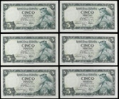 SPANISH BANK NOTES: ESTADO ESPAÑOL
Lote 6 billetes 1 Peseta. 22 Julio 1954. Alfonso X. Sin serie. Todos correlativos. Ed-466. EBC a EBC+.