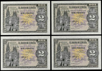 SPANISH BANK NOTES: ESTADO ESPAÑOL
Lote 4 billetes 2 Pesetas. 30 Abril 1938. Serie C. Cuarteto correlativo. Ed-429a. SC.