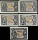 SPANISH BANK NOTES: ESTADO ESPAÑOL
Lote 5 billetes 2 Pesetas. 30 Abril 1938. Serie C, G, I y L. Ed-429a. EBC.