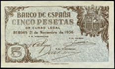 SPANISH BANK NOTES: ESTADO ESPAÑOL
5 Pesetas. 21 Noviembre 1936. Sin numeración. (Pequeña reparación en margen izquierdo). Ed-417n. (EBC).