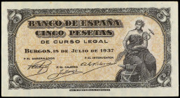 SPANISH BANK NOTES: ESTADO ESPAÑOL
5 Pesetas. 18 Julio 1937. Portabella. Serie B. (Doblez en esquina, leves manchitas y esquinas rozadas). Ed-424a. E...