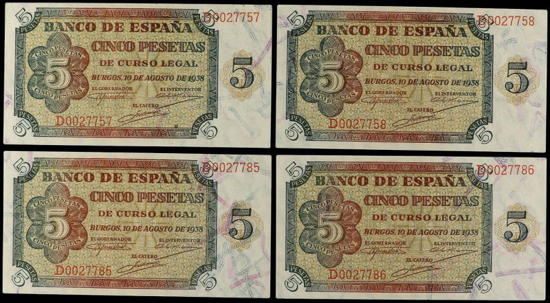 SPANISH BANK NOTES: ESTADO ESPAÑOL
Lote 4 billetes 5 Pesetas. 10 Agosto 1938. S...