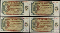 SPANISH BANK NOTES: ESTADO ESPAÑOL
Lote 4 billetes 5 Pesetas. 10 Agosto 1938. Serie D. Dos parejas correlativas. Ed-435a. SC.