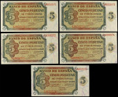 SPANISH BANK NOTES: ESTADO ESPAÑOL
Lote 5 billetes 5 Pesetas. 10 Agosto 1938. Serie L. Dos parejas correlativas. Ed-435a. EBC.