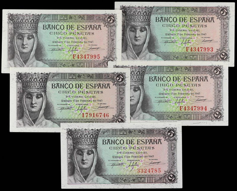 SPANISH BANK NOTES: ESTADO ESPAÑOL
Lote 5 billetes 5 Pesetas. 13 Febrero 1943. ...