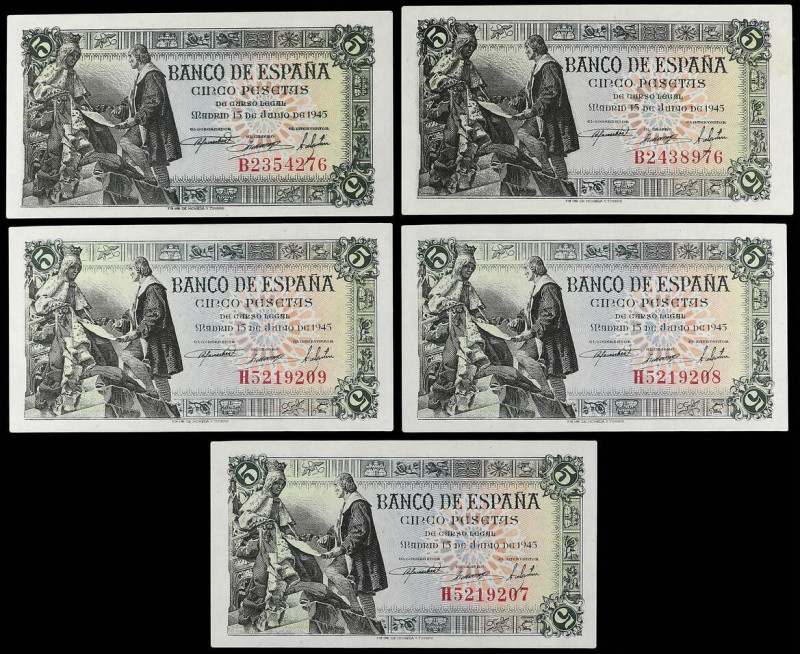 SPANISH BANK NOTES: ESTADO ESPAÑOL
Lote 5 billetes 5 Pesetas. 15 Junio 1945. Ca...