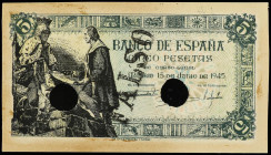 SPANISH BANK NOTES: ESTADO ESPAÑOL
5 pesetas. 15 junio 1945. Capitulaciones de Santa Fe. FALSO de ÉPOCA. Sin numeración, con sello tamón FALSO y dos ...