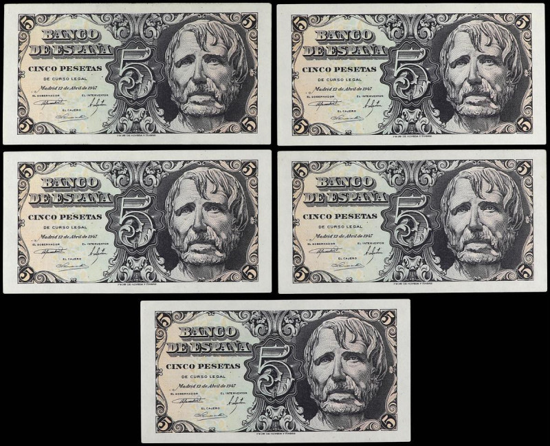 SPANISH BANK NOTES: ESTADO ESPAÑOL
Lote 5 billetes 5 Pesetas. 12 Abril 1947. Sé...