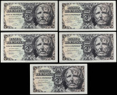 SPANISH BANK NOTES: ESTADO ESPAÑOL
Lote 5 billetes 5 Pesetas. 12 Abril 1947. Séneca. Serie A. Cuarteto correlativo. Ed-454a. EBC.