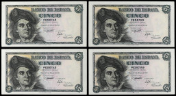 SPANISH BANK NOTES: ESTADO ESPAÑOL
Lote 4 billetes 5 Pesetas. 5 Marzo 1948. Elcano. Sin serie. Cuarteto correlativo. (Esquinas algo tocadas). Ed-455....