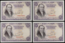 SPANISH BANK NOTES: ESTADO ESPAÑOL
Lote 4 billetes 25 Pesetas. 19 Febrero 1946. Florez Estrada. Serie F. Cuarteto correlativo. Ed-450a. EBC+.