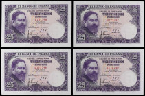 SPANISH BANK NOTES: ESTADO ESPAÑOL
Lote 4 billetes 25 Pesetas. 22 Julio 1954. Albéniz. Sin Serie. Cuarteto correlativo. Ed-467. EBC+.