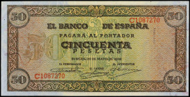 SPANISH BANK NOTES: ESTADO ESPAÑOL
50 Pesetas. 22 Mayo 1938. Castillo de Olite. Serie C. (Arrugas de impresión). Ed-431a. EBC.