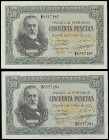 SPANISH BANK NOTES: ESTADO ESPAÑOL
Lote 2 billetes 50 Pesetas. 9 Enero 1940. Menendez Pelayo. Serie B. Pareja correlativa. Ed-437a. EBC+.