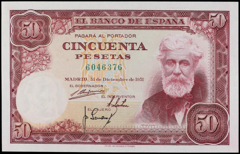 SPANISH BANK NOTES: ESTADO ESPAÑOL
50 Pesetas. 31 Diciembe 1951. Rusiñol. Sin s...
