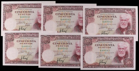 SPANISH BANK NOTES: ESTADO ESPAÑOL
Lote 6 billetes 50 Pesetas. 31 Diciembe 1951. Rusiñol. Serie B. Todos correlativos. (Alguna levísimas arruguitas, ...