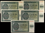 SPANISH BANK NOTES: ESTADO ESPAÑOL
Lote 5 billetes 100 Pesetas. 21 Noviembre 1936. Catedral de Burgos. Serie C, P (x2), R y S. A EXAMINAR. Ed-421a. S...