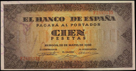 SPANISH BANK NOTES: ESTADO ESPAÑOL
100 Pesetas. 20 Mayo 1938. Casa del Cordón. Serie F. Ed-432a. EBC+.