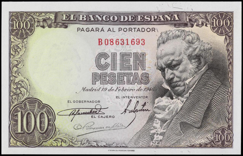 SPANISH BANK NOTES: ESTADO ESPAÑOL
100 Pesetas. 19 Febrero 1946. Goya. Serie B....