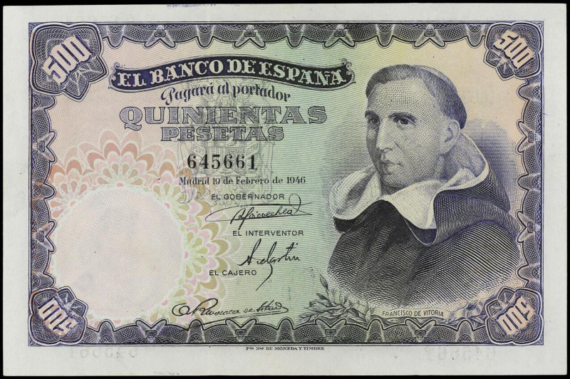 SPANISH BANK NOTES: ESTADO ESPAÑOL
500 Pesetas. 20 Febrero 1946. Francisco de V...