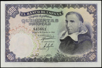 SPANISH BANK NOTES: ESTADO ESPAÑOL
500 Pesetas. 20 Febrero 1946. Francisco de Vitoria. Ed-452. EBC.