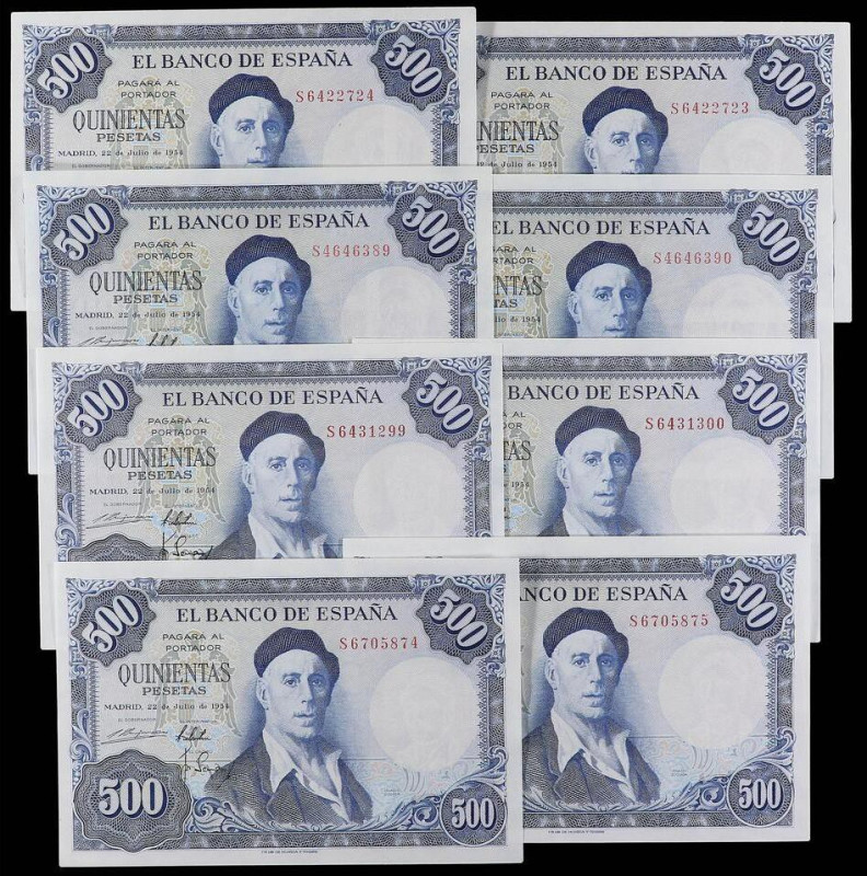 SPANISH BANK NOTES: ESTADO ESPAÑOL
Lote 8 billetes 500 Pesetas. 22 Julio 1954. ...