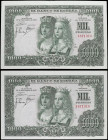 SPANISH BANK NOTES: ESTADO ESPAÑOL
Lote 2 billetes 1.000 Pesetas. 29 Noviembre 1957. Reyes Católicos. Sin Serie. Pareja correlativa. Ed-469. EBC-.