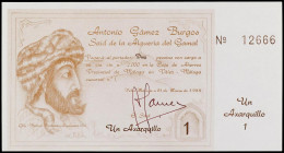 SPANISH BANK NOTES: JUAN CARLOS I
1 Axarquillo. 21 Marzo 1988. VÉLEZ-MÁLAGA (Andalucía). Antonio Gamez Burgos, Said de la Arquería de Gamal. SC.