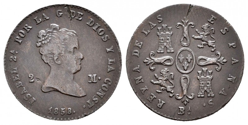 Isabel II (1833-1868). 2 maravedís. 1858. Barcelona. (Cal-538). Ae. 2,29 g. Lige...