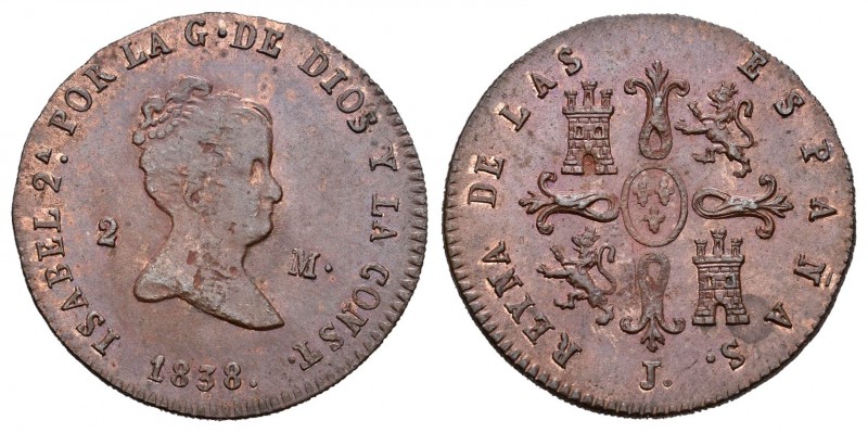 Isabel II (1833-1868). 2 maravedís. 1838. Jubia. (Cal-539). Ag. 2,36 g. MBC+/EBC...