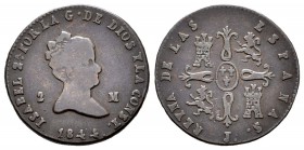 Isabel II (1833-1868). 2 maravedís. 1844. Jubia. (Cal-546). Ae. 2,71 g. Marca de ceca JA. La 'A' de la ceca pequeña. Rara. BC+. Est...90,00.