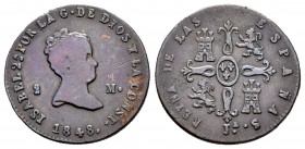 Isabel II (1833-1868). 2 maravedís. 1848. Jubia. (Cal-547). Ae. 2,63 g. Marca de ceca JA. Rayita en anverso. Escasa. BC+/MBC-. Est...40,00.