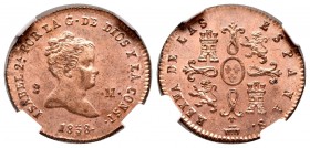 Isabel II (1833-1868). 2 maravedís. 1838. Segovia. (Cal-549). Ae. Encapsulada por NN Coins como MS 64 RD. Bellísima. Pleno brillo original. Escasa en ...