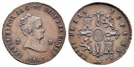 Isabel II (1833-1868). 2 maravedís. 1840. Segovia. (Cal-551). Ae. 2,07 g. Variante sin la tilde de la Ñ. Rara. EBC-. Est...60,00.