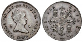 Isabel II (1833-1868). 2 maravedís. 1842. Segovia. (Cal-554). Ae. 2,01 g. Fallito en reverso. EBC. Est...35,00.