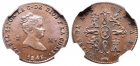 Isabel II (1833-1868). 2 maravedís. 1843. Segovia. (Cal-555). Ae. 2,31 g. Encapsulada por NGC como MS 64 BN. Bella. Escasa en esta conservación. Ex Áu...
