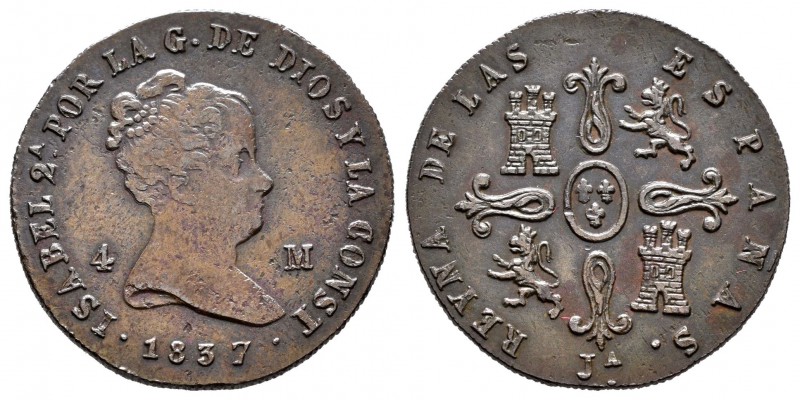 Isabel II (1833-1868). 4 maravedís. 1837. Jubia. (Cal-511). Ae. 4,66 g. Escasa. ...