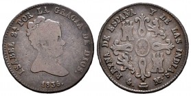 Isabel II (1833-1868). 4 maravedís. 1836. Segovia. (Cal-522). Ae. 5,12 g. Único año de esta ceca y valor en reverso. Muy escasa. BC/BC+. Est...40,00....