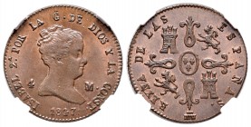 Isabel II (1833-1868). 4 maravedís. 1847. Segovia. (Cal-533). Ae. Encapsulada por NN Coins como MS 64. Magnífico ejemplar. Ex colección Elariz. Est......