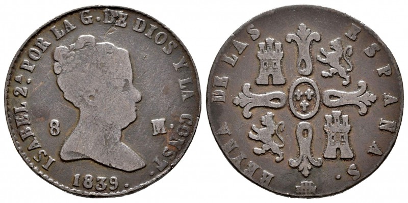 Isabel II (1833-1868). 8 maravedís. 1839. Segovia. (Cal-494). 9,58 g. Variante p...